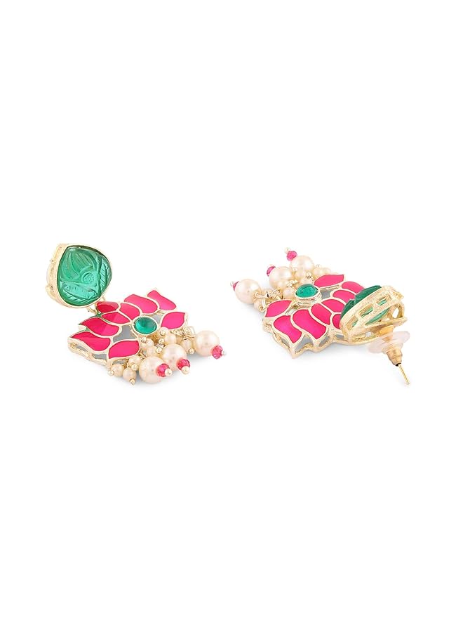 erorex Pink Green Meenakari Lotus Kundan Choker Necklace Earring And Ring Set For Women Zpfk15844  - Image 5