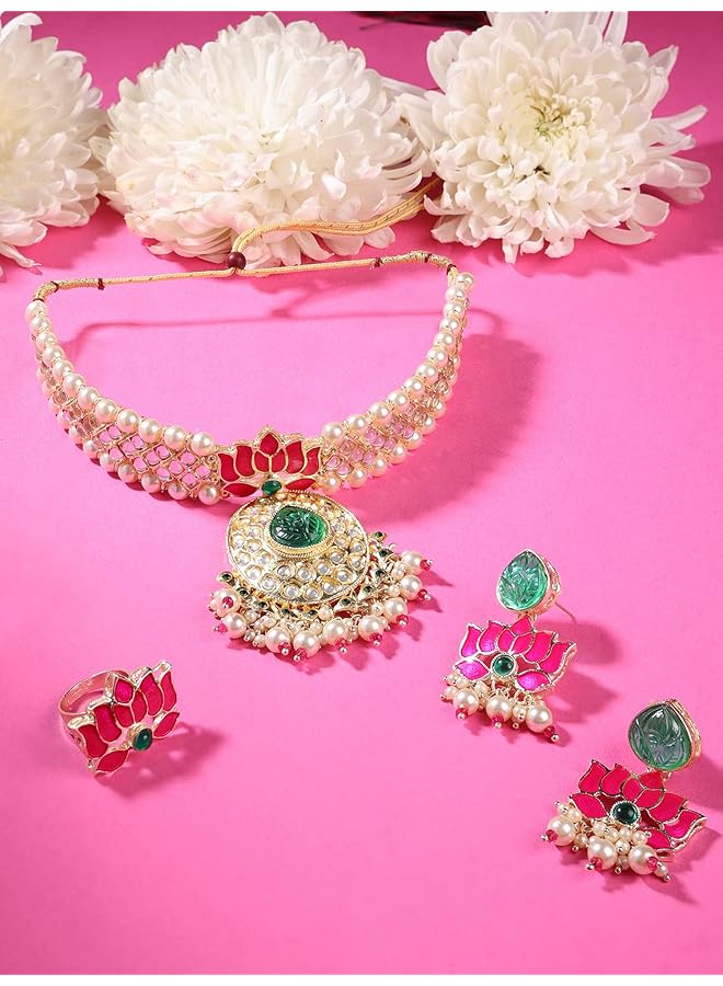 erorex Pink Green Meenakari Lotus Kundan Choker Necklace Earring And Ring Set For Women Zpfk15844  - Image 4