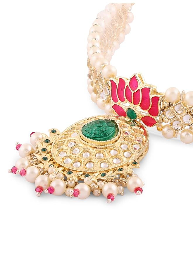 erorex Pink Green Meenakari Lotus Kundan Choker Necklace Earring And Ring Set For Women Zpfk15844  - Image 3