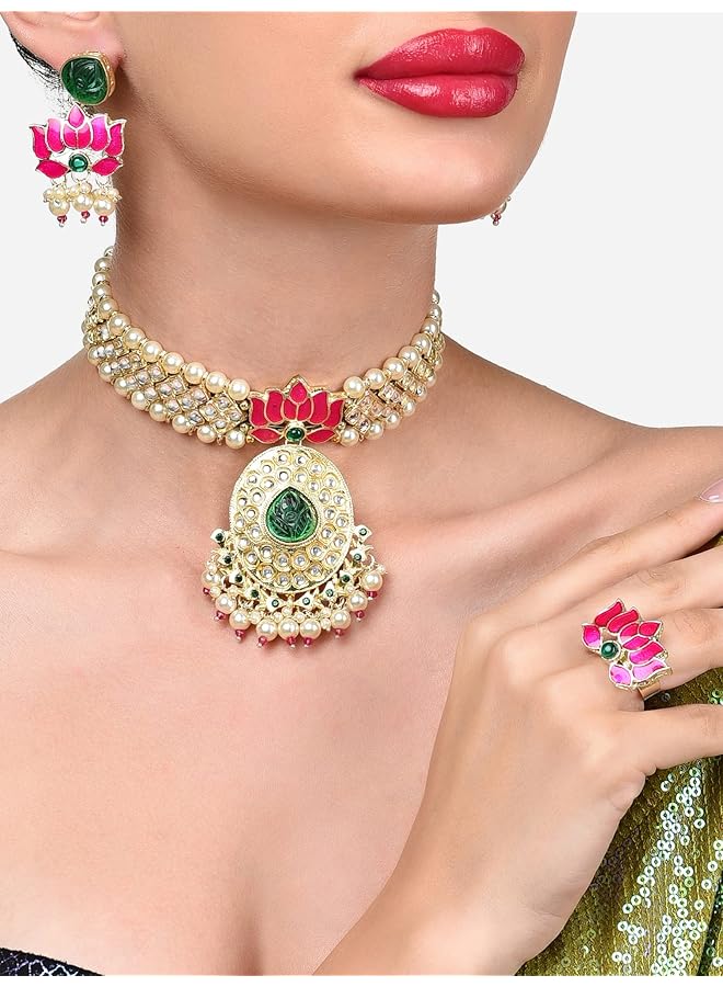 erorex Pink Green Meenakari Lotus Kundan Choker Necklace Earring And Ring Set For Women Zpfk15844  - Image 2