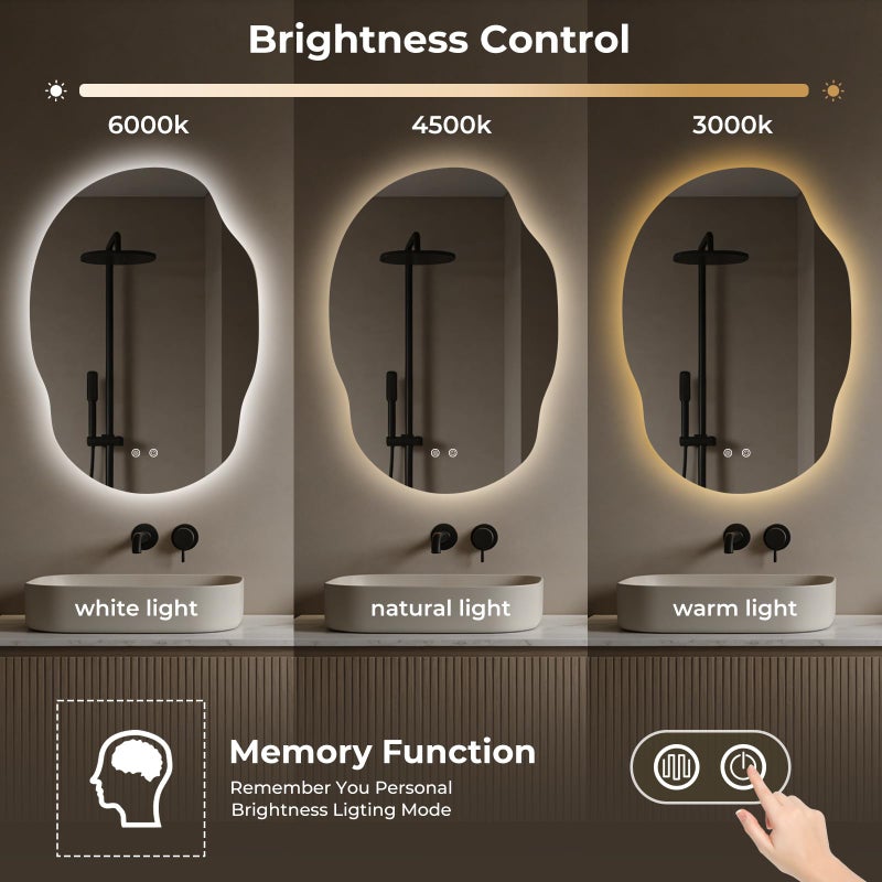 WallBeyond Asymmetrical Bathroom Mirror with Lights, Irregular LED Backlit Vanity Mirror, 31" H x 22" W, Anti-Fog, Dimmable Lighting with 3 Color Temperature, Memory, Hardwired, Vertical or Horizontal Mount - Image 5