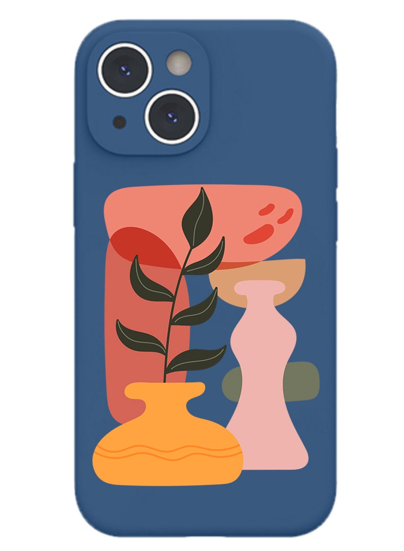 Theodor Protective Slim Fit Case Liquid Silicone Cover with Full Body Protection Anti-Scratch Shockproof Case For iPhone 15 Plus Blue  - Vase with Leaf2 - Image 1