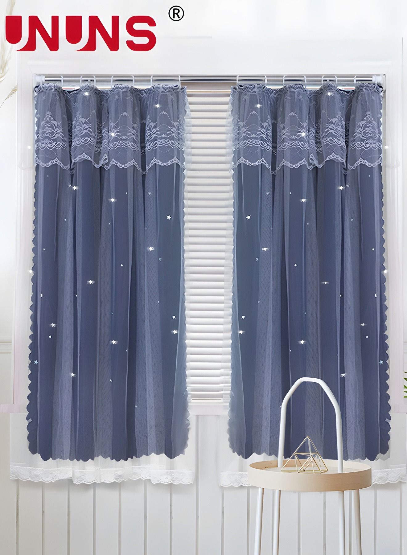 UNUNS Star Window Curtain,2-Piece Double Layer Blackout Drapes Star Cutout Design With Sheer Overlay And Grommet Top Window Panels For Kids Room Bedroom,0.9mx2mx2