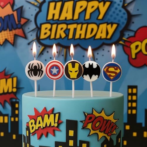 Wanna Party Superhero Birthday Cake Candles - Set of 5 Hero-Themed Face Toppers for Kids Party Decorations - Comic Style Cake Decor for Boys & Girls - Image 2