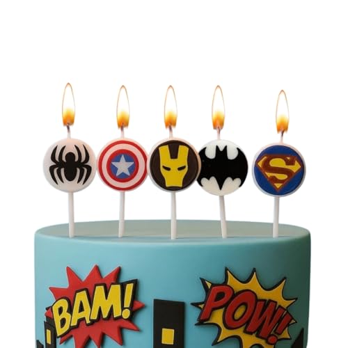 Wanna Party Superhero Birthday Cake Candles - Set of 5 Hero-Themed Face Toppers for Kids Party Decorations - Comic Style Cake Decor for Boys & Girls - Image 1