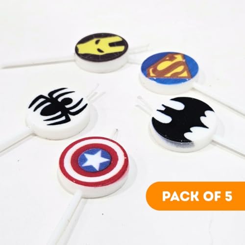 Wanna Party Superhero Birthday Cake Candles - Set of 5 Hero-Themed Face Toppers for Kids Party Decorations - Comic Style Cake Decor for Boys & Girls - Image 3