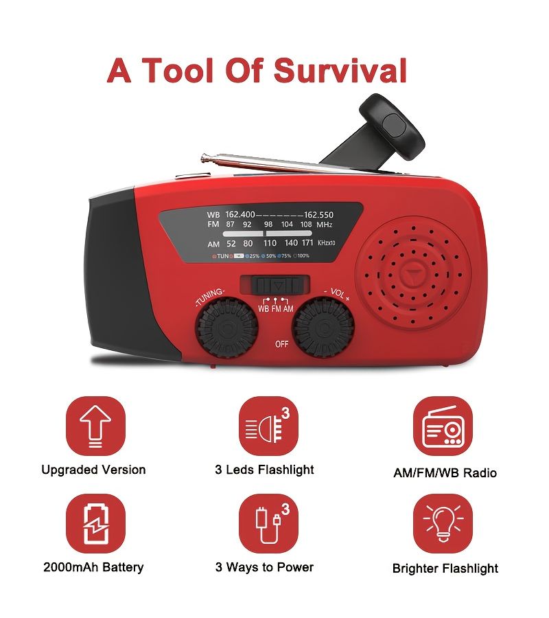 Emergency Manual Crank Solar Powered Radio 2000mAh Red Portable Survival Radio with 3 LED Flashlight AM FM NOAA Weather Alert Power Bank Distress Alert Function for Camping Indoor Emergencies Adventures - Image 3