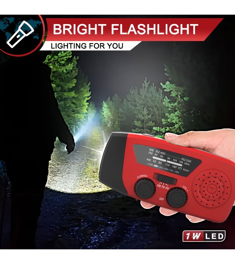 Emergency Manual Crank Solar Powered Radio 2000mAh Red Portable Survival Radio with 3 LED Flashlight AM FM NOAA Weather Alert Power Bank Distress Alert Function for Camping Indoor Emergencies Adventures - Image 5