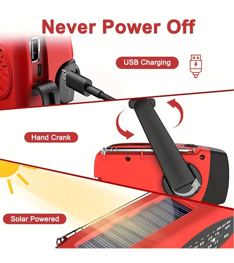 Emergency Manual Crank Solar Powered Radio 2000mAh Red Portable Survival Radio with 3 LED Flashlight AM FM NOAA Weather Alert Power Bank Distress Alert Function for Camping Indoor Emergencies Adventures - Image 4