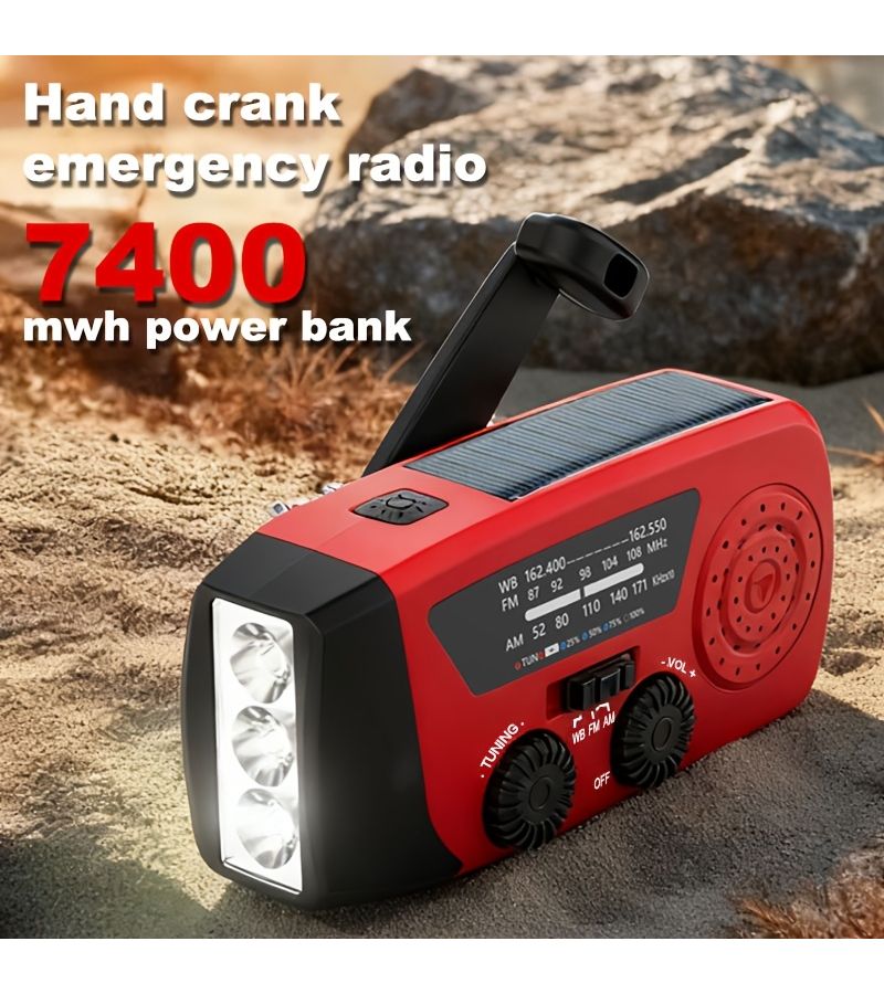 Emergency Manual Crank Solar Powered Radio 2000mAh Red Portable Survival Radio with 3 LED Flashlight AM FM NOAA Weather Alert Power Bank Distress Alert Function for Camping Indoor Emergencies Adventures - Image 1