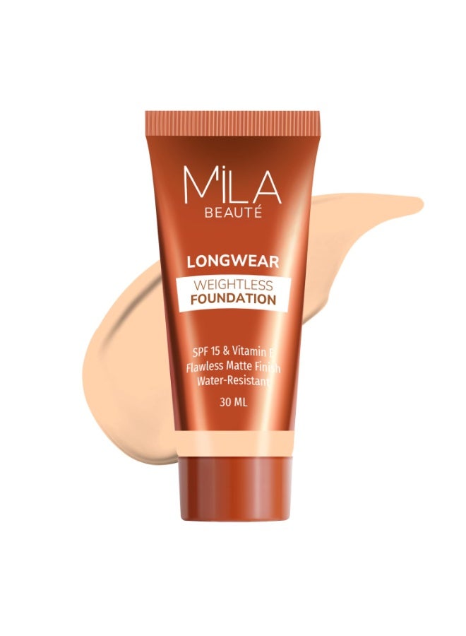 ميلا بيوتي كريم أساس Mila Beauté طويل الأمد وخفيف الوزن | لمسة نهائية مطفية (Matte) مع عامل حماية من الشمس (SPF 15) وفيتامين E | تركيبة فائقة الخفة ومقاومة للماء وقابلة للزيادة في التغطية | كريم أساس سائل | الدرجة - (103 بيج فاتح، 30 مل) - Image 1