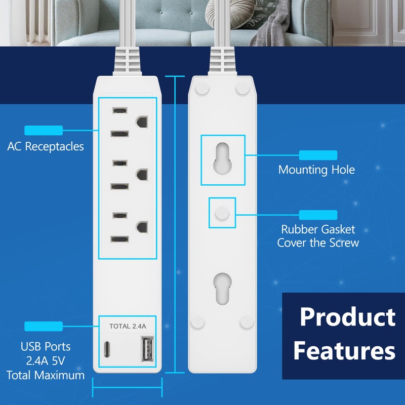 LIDER Outlet Extender with 3 Receptacles, 2 Power Strip with USB Type-A and Type-C Charger, USB Port, Ultra-Thin Wall Plate Plug with Cord Extender, 3-Outlet Power Strip, 3ft Cord, ETL-Listed, White - Image 2