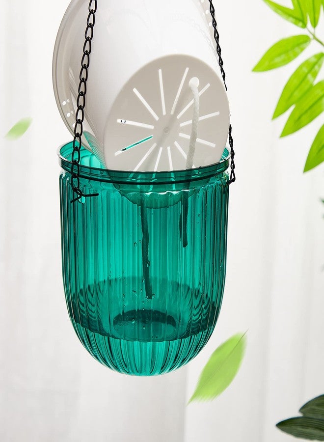 مينبلان مجموعة مينبلان من 4 قطع من أوعية الزرع المعلقة ذاتية الري، مقاس 6.5 بوصة، مناسبة للنباتات الداخلية والخارجية، مصنوعة من البلاستيك، مزودة بثلاثة خطافات وسلاسل وفتحات تصريف، مناسبة للحديقة والمنزل، حجم متوسط (زمردي). - Image 5