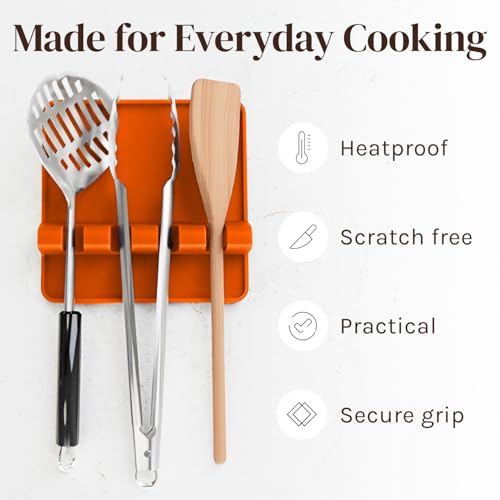 Cooler Kitchen Orange Silicone Spoon Rest for Stove Top with Drip Pad (Two Pack) - Heat Resistant BPA Free Utensil Rest & Spoon Holder for Kitchen Counter - Grill Utensil Holder - Spatula Holder - Image 5