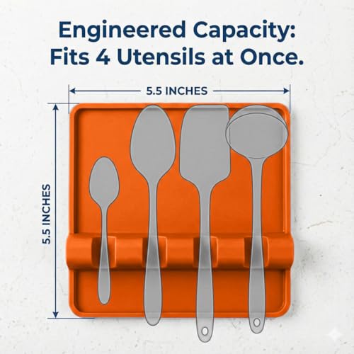 Cooler Kitchen Orange Silicone Spoon Rest for Stove Top with Drip Pad (Two Pack) - Heat Resistant BPA Free Utensil Rest & Spoon Holder for Kitchen Counter - Grill Utensil Holder - Spatula Holder - Image 2