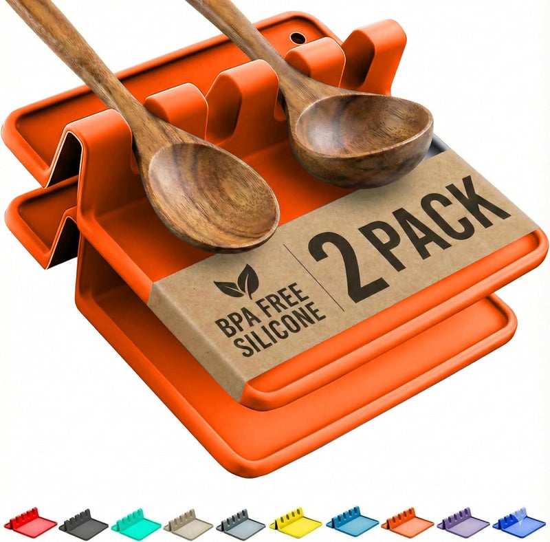 Cooler Kitchen Orange Silicone Spoon Rest for Stove Top with Drip Pad (Two Pack) - Heat Resistant BPA Free Utensil Rest & Spoon Holder for Kitchen Counter - Grill Utensil Holder - Spatula Holder - Image 1