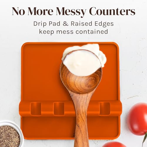Cooler Kitchen Orange Silicone Spoon Rest for Stove Top with Drip Pad (Two Pack) - Heat Resistant BPA Free Utensil Rest & Spoon Holder for Kitchen Counter - Grill Utensil Holder - Spatula Holder - Image 3