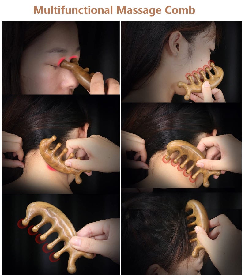 SAEEYCUE Authentic Green Sandalwood Comb Gua Sha Scraping Scalp Massager Head Head, Neck, Hands and Legs (B) - Image 3