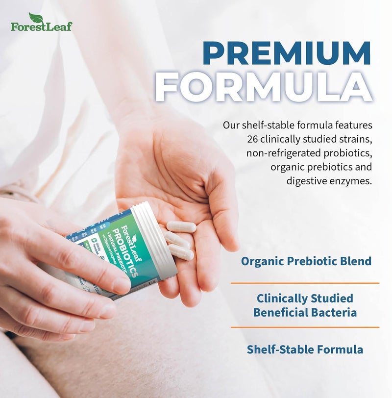 ForestLeaf بروبيوتيك للرجال والنساء 100 مليار CFU 26 سلالة فريدة دعم بروبيوتيك وبريبايوتيك لصحة الجهاز الهضمي ورفاهية الأمعاء والطاقة والمزاج والمناعة وتوازن الرقم الهيدروجيني 30 كبسولة - Image 3