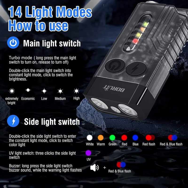 BORUIT V10 Ultra Powerful Rechargeable LED Torch 1000LM Mini Keychain Flashlight with Magnet and UV Light - Image 3