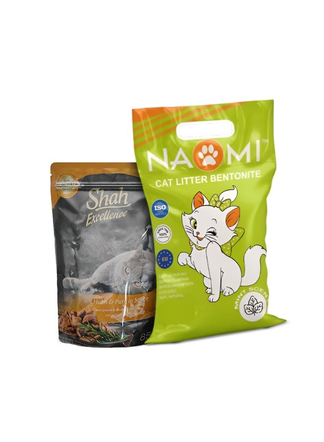 شاه طعام القطط شاه في صوص 85 جم + رمل القطط ناومي برائحة النعناع 5 لتر – باقة مميزة - Image 1
