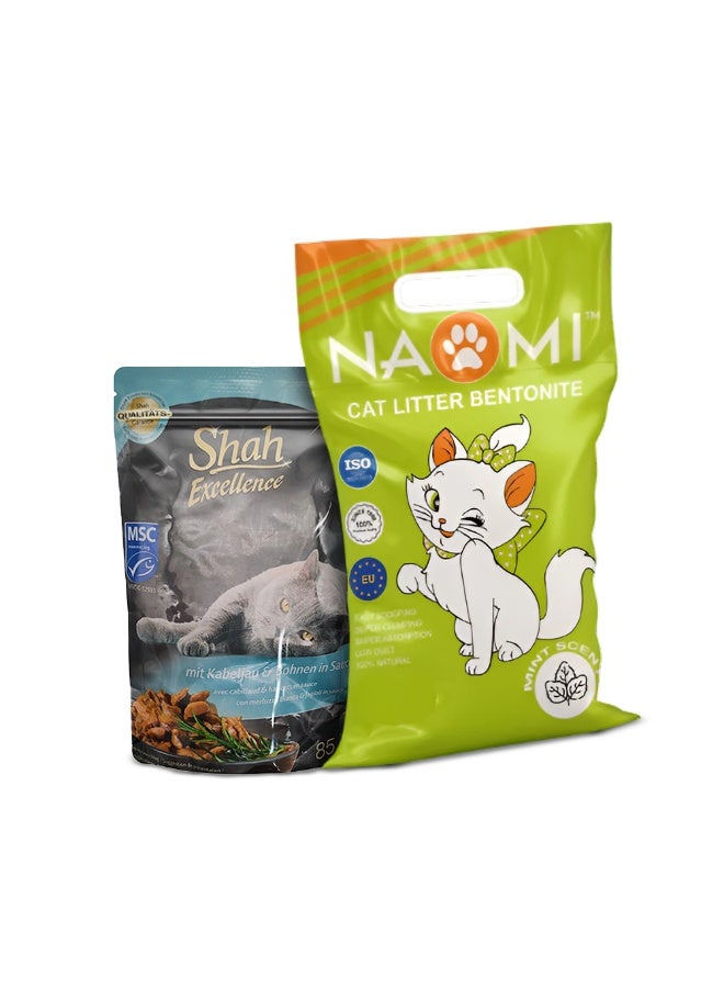 شاه طعام القطط شاه في صوص 85 جم + رمل القطط ناومي برائحة النعناع 5 لتر – باقة مميزة - Image 4