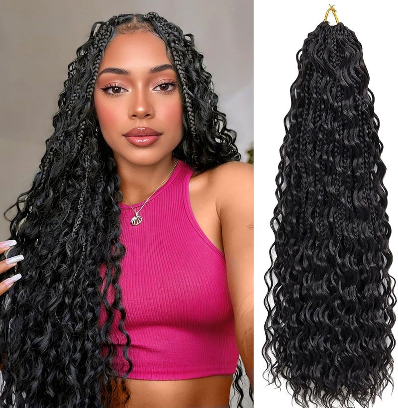 Liyate Goddess Box Braids Crochet Hair for Women 24 Inch 7 Packs Black Bohemian Crochet Braids with Curly Ends Boho Box Braid Crochet Braiding Hair Extensions, 1B - Image 1