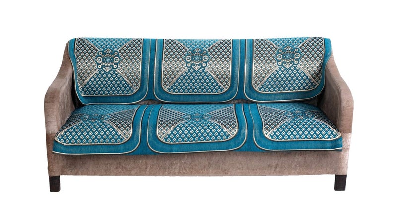 Nendle Jacquard Velvet Weaved Geometric Sofa Cover Set of 3 Seater (Sky Blue, 2 Pieces) - Image 1
