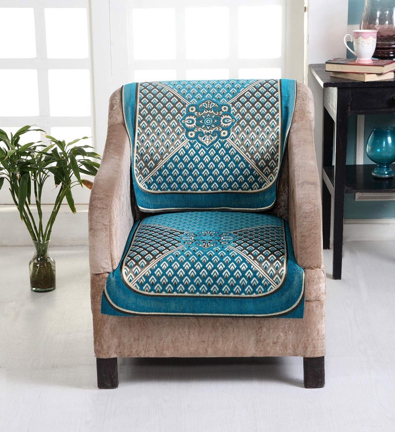 Nendle Jacquard Velvet Weaved Geometric Sofa Cover Set of 3 Seater (Sky Blue, 2 Pieces) - Image 3