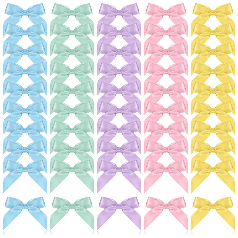 salbsever 50PCS Self Adhesive Satin Bows for Gift Wrapping Pastel Small Bows for Crafts 2" Bow Decorations Pre Tied Bow with Sticky Gel Pads for Birthday Party Wedding Decorations Craft Gift Bakery Candy Bags - Image 1