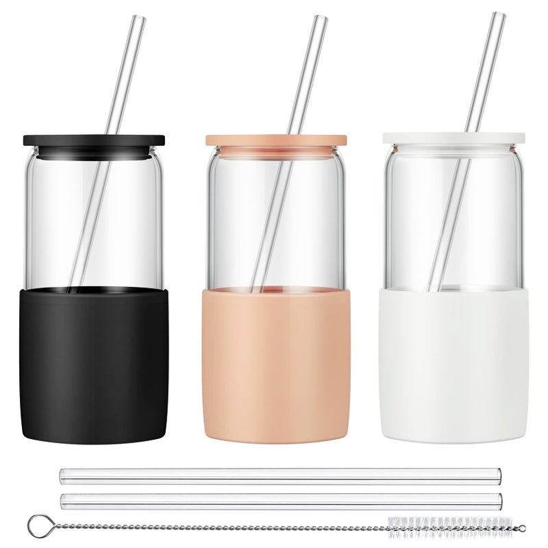 Sunseeke Glass Tumbler with Straw and Lid 16oz Ice Coffee Cup Silicone Sleeve Cleaning Brushes Drinking Glasses for Water Iced Coffee Smoothie BPA Free 3Pack