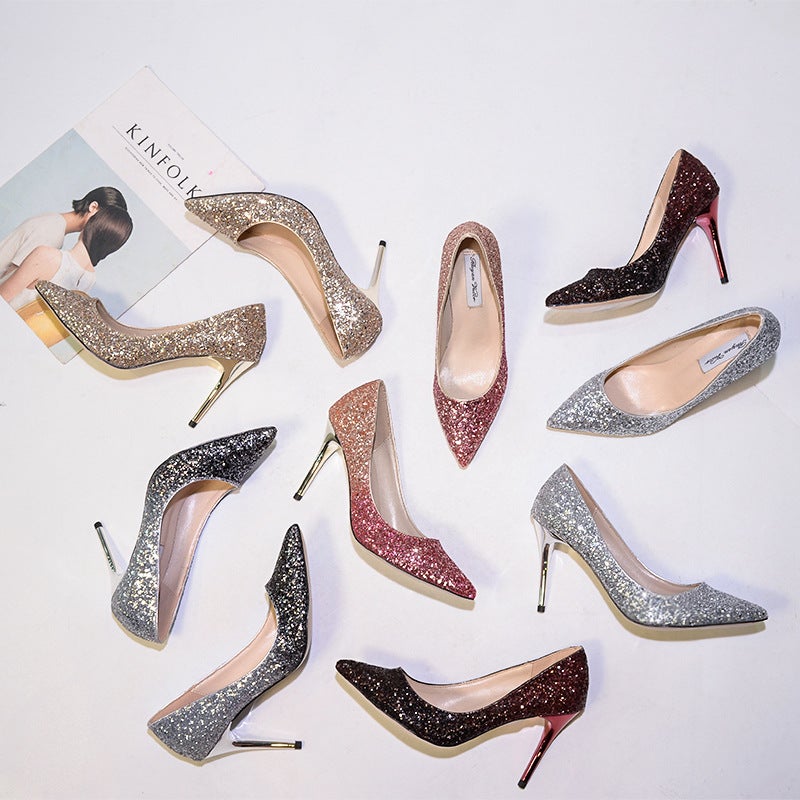 [Spot] A Generation Of Wedding Shoes Sequined High Heels Pointed Stiletto Crystal Shoes Dress Bridesmaid Bridal Shoes - Image 2