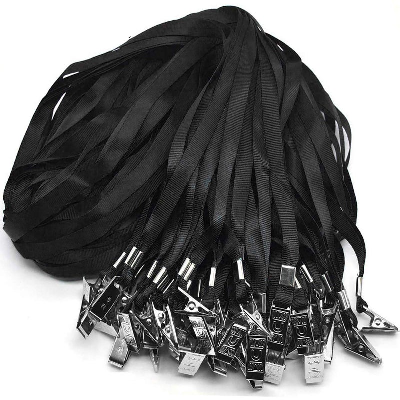 Beebel Black Lanyards 100 Pack Nylon Flat Badge Lanyard Bulldog Clip for Id Badge Name Tags