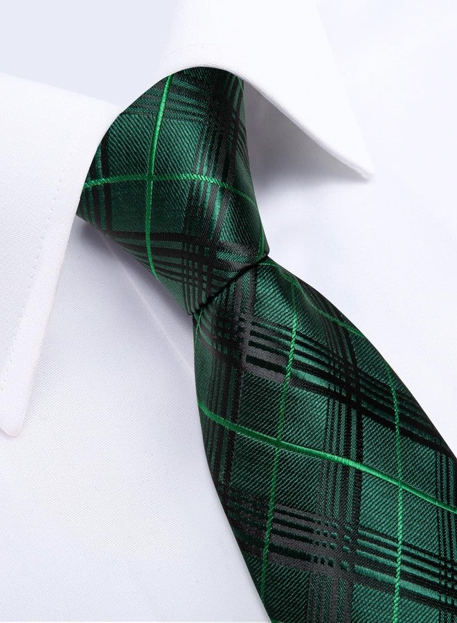DiBanGu Mens Tie Silk Plaid Striped Necktie and Pocket Square Cufflinks Tie Clip Set with Gift Box Formal Wedding Party, Forest Green - Image 5