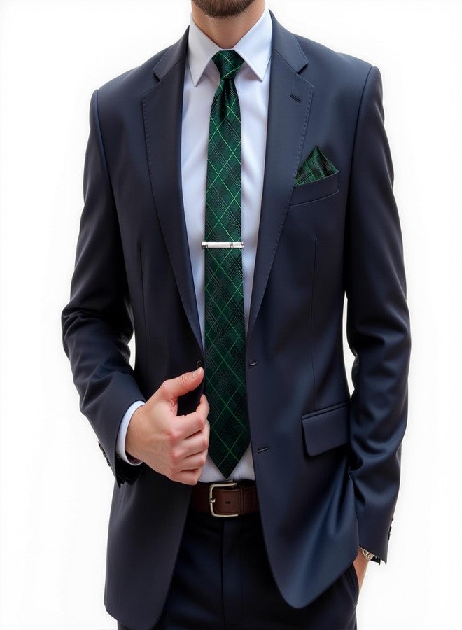 DiBanGu Mens Tie Silk Plaid Striped Necktie and Pocket Square Cufflinks Tie Clip Set with Gift Box Formal Wedding Party, Forest Green - Image 2