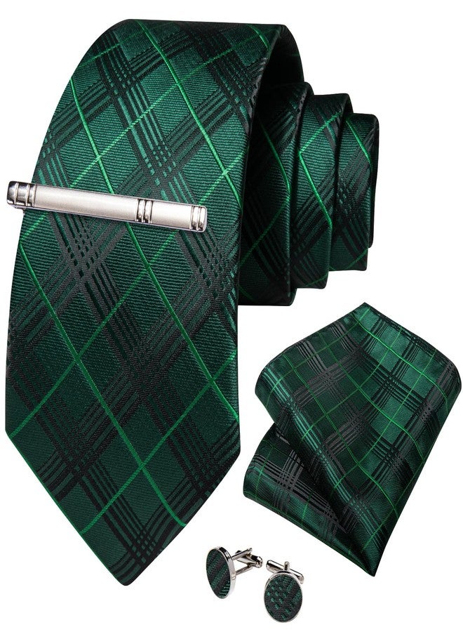 DiBanGu Mens Tie Silk Plaid Striped Necktie and Pocket Square Cufflinks Tie Clip Set with Gift Box Formal Wedding Party, Forest Green - Image 3