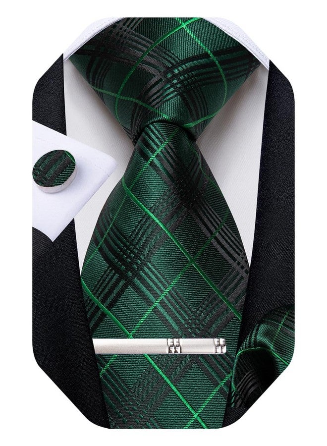 DiBanGu Mens Tie Silk Plaid Striped Necktie and Pocket Square Cufflinks Tie Clip Set with Gift Box Formal Wedding Party, Forest Green - Image 1