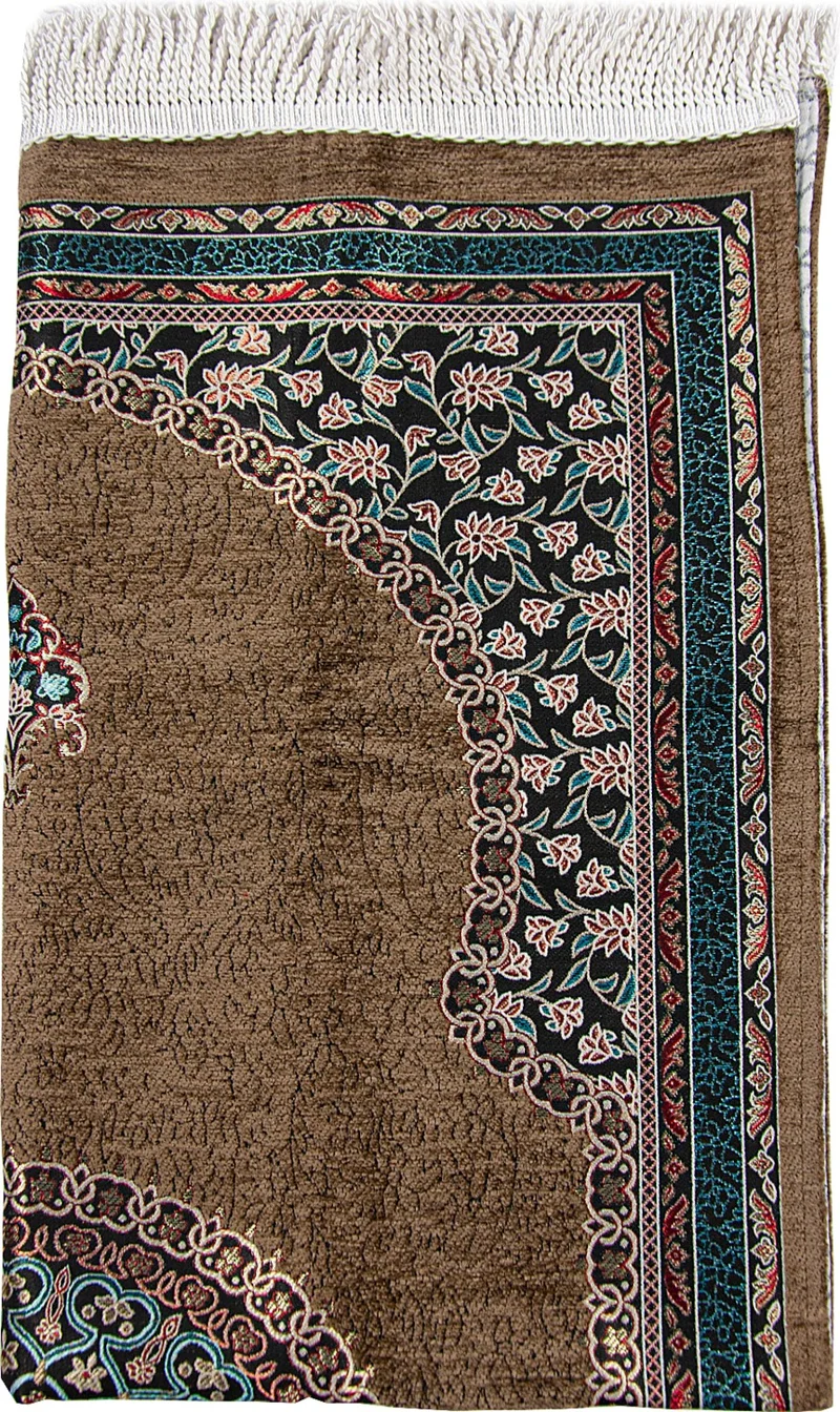 ايهفان اونلاين Ihvan Online Brown Traditional Motif Knitted Fringed Mihrab Lined Chenille Prayer Rug