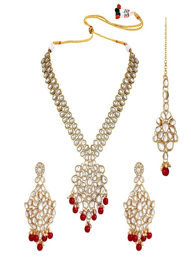 Peora Gold Plated Long Tranditional Kundan Necklace Earring Set with Maang Tikka for Women & Girls - Image 1