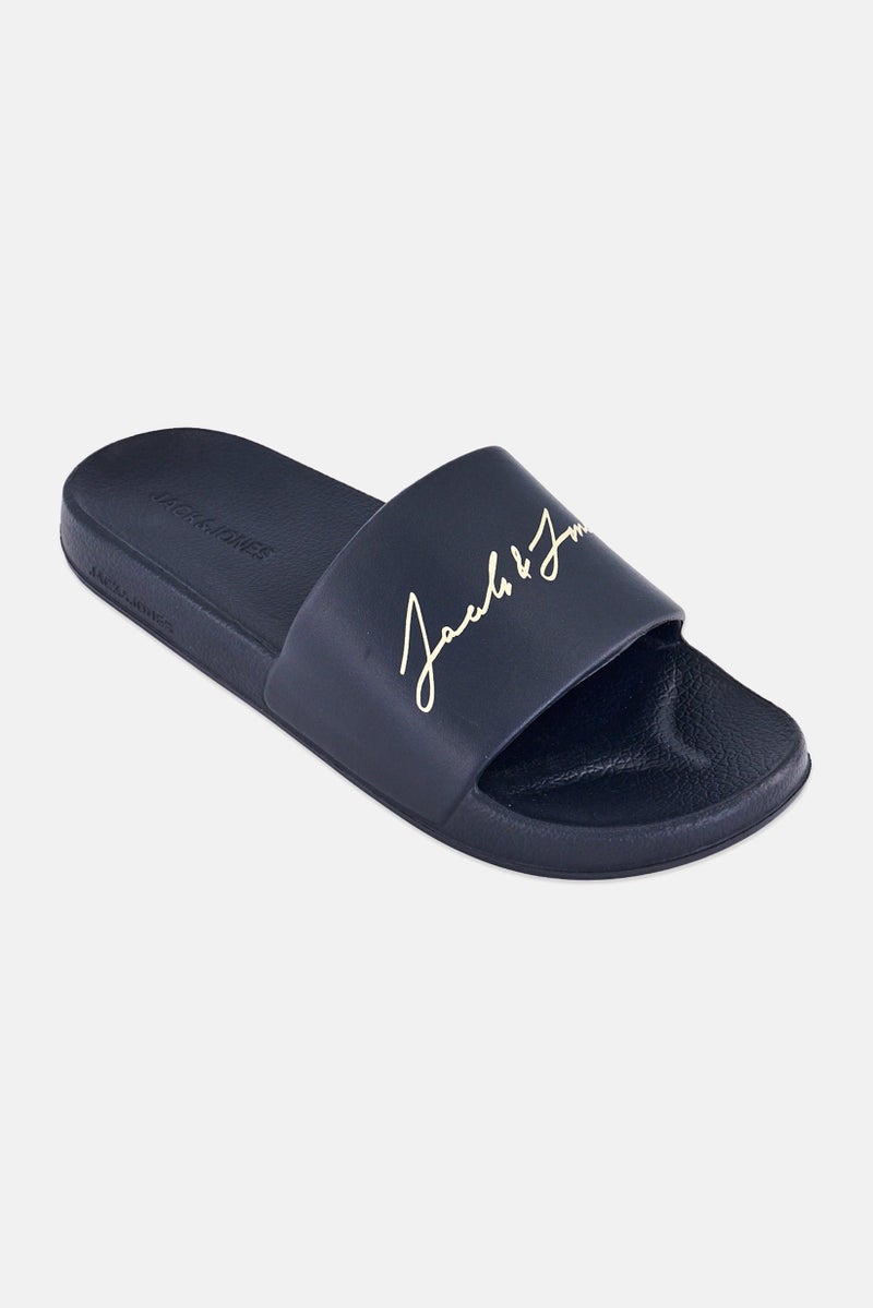 JACK & JONES Men Brand Logo Slip On Slides, Black - Image 1