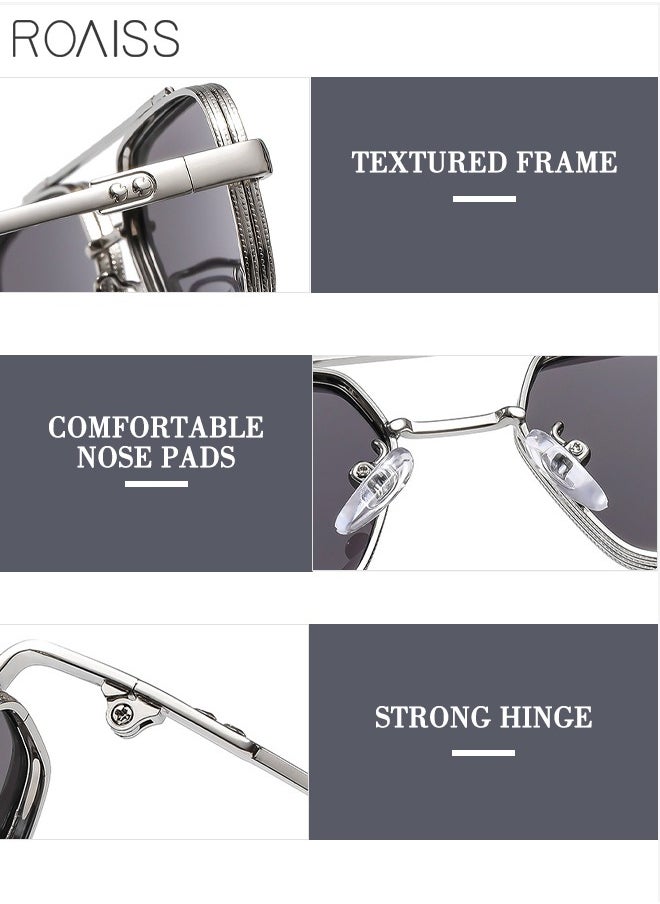 roaiss - Men's Hexagon Sunglasses, UV400 Protection Sun Glasses with Metal Frame, Fashion Anti-Glare Sun Shades for Men Driving, Fishing, Traveling, Silver, 55mm - Image 1