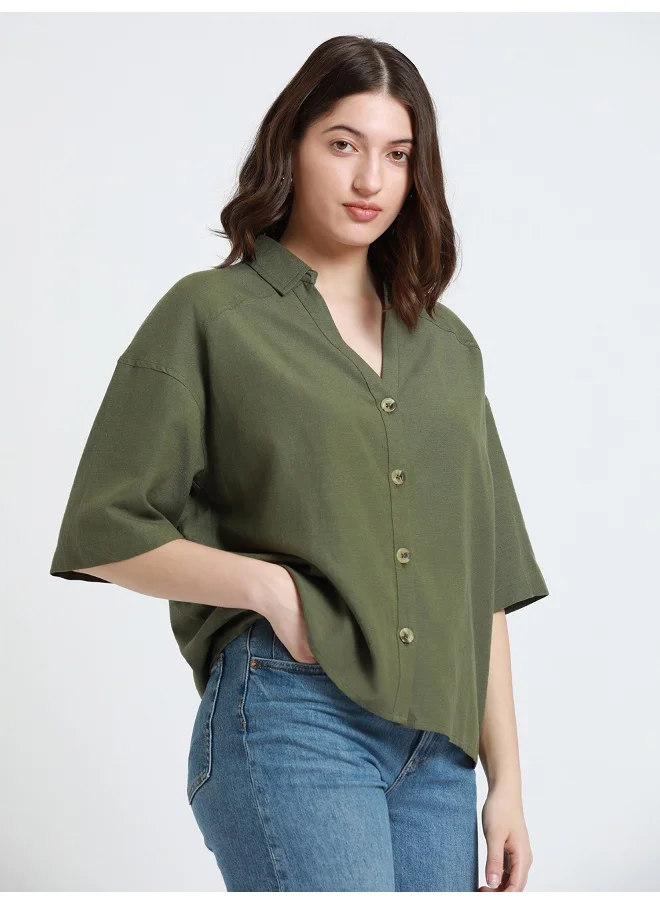 دينيس لينغو Olive Shirt for Women - Cotton Viscose Flex, Regular Fit