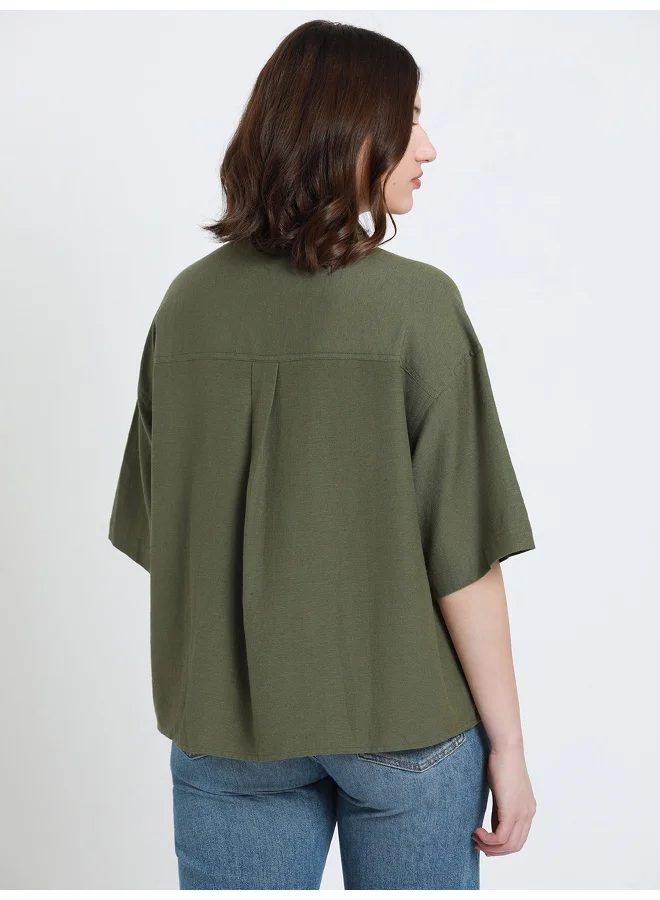 دينيس لينغو Olive Shirt for Women - Cotton Viscose Flex, Regular Fit