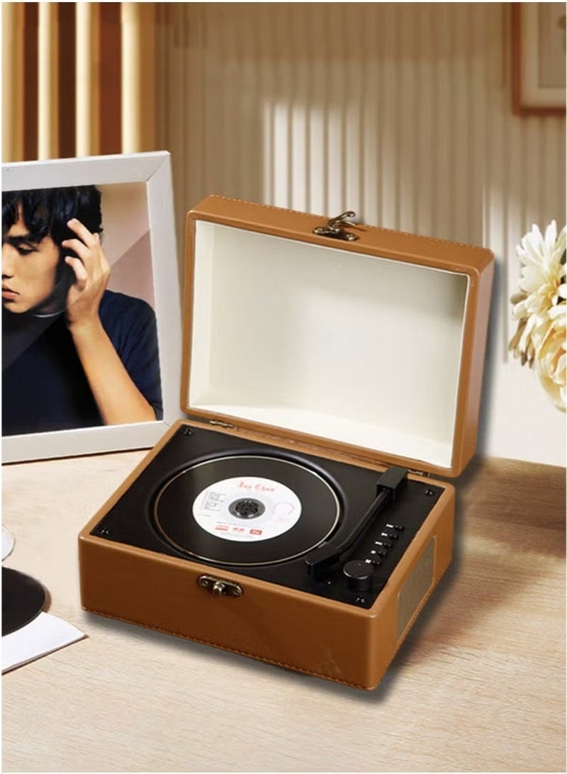 والالا مشغل أقراص مدمجة بلوتوث بتصميم أسطوانات فينيل - مشغل موسيقى مكتبي محمول مع حقيبة جلدية كلاسيكية | بلوتوث 5.0، جهاز تحكم عن بُعد، يدعم تشغيل AUX/USB/CD/CD-R/CD-RW/MP3/WHA | ديكور منزلي أنيق (بني) - Image 1