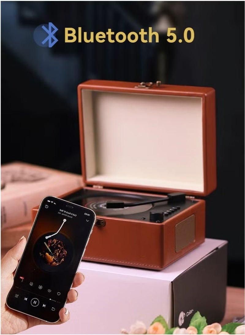 والالا مشغل أقراص مدمجة بلوتوث بتصميم أسطوانات فينيل - مشغل موسيقى مكتبي محمول مع حقيبة جلدية كلاسيكية | بلوتوث 5.0، جهاز تحكم عن بُعد، يدعم تشغيل AUX/USB/CD/CD-R/CD-RW/MP3/WHA | ديكور منزلي أنيق (بني) - Image 3