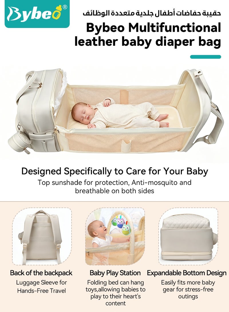 Bybeo PU Baby Diaper Bag Backpack with Multifunction Diapers Changing Station, Baby Travel Backpack Bag with Toy Bar for Outdoor and Travel, Large Capacity Infant Gift, USB Port, 3 Toys - Image 2