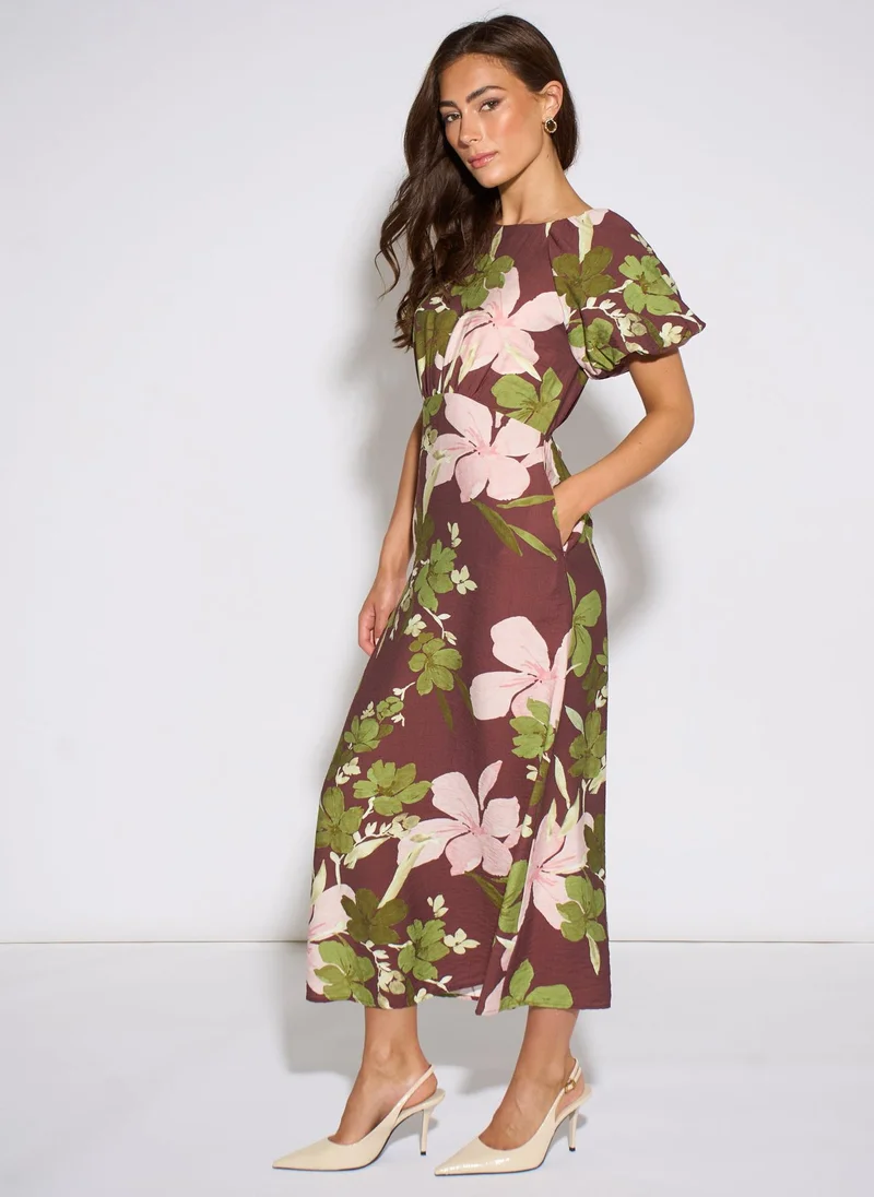 Gini London  Brown Floral Puff Sleeves Midi Dress for Women | Best Price UAE