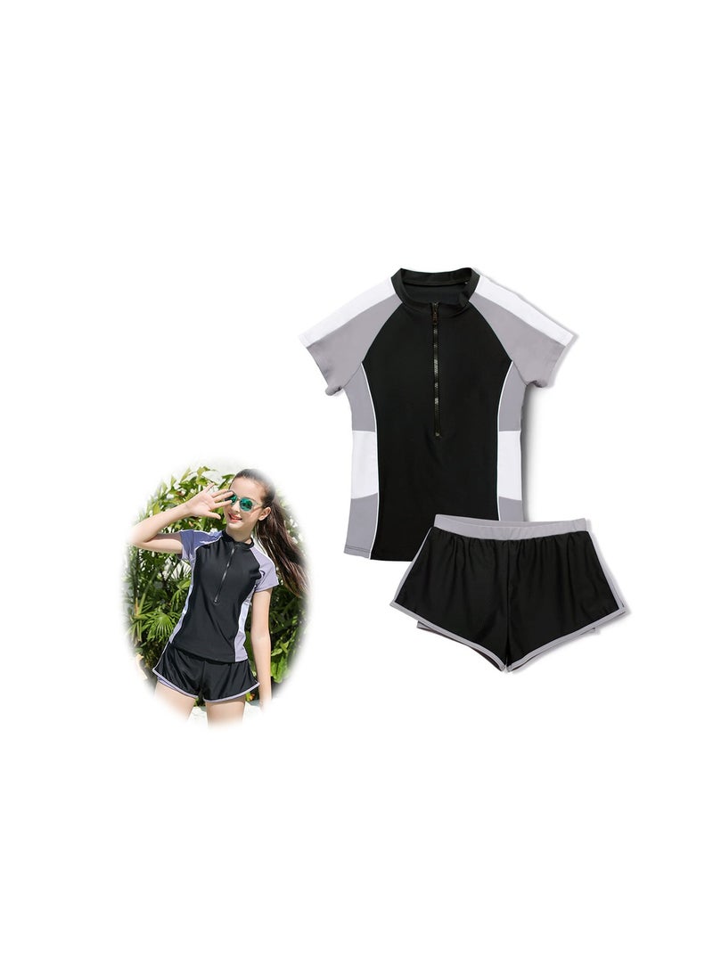 SYOSI Girls Swimsuits, Kids Two-Piece Rashguard Swim Set, Quick Dry Bathing Suits with Beach Shorts, Sizes 160cm Black  - Image 1