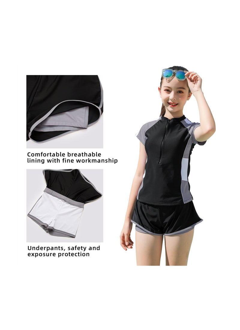 SYOSI Girls Swimsuits, Kids Two-Piece Rashguard Swim Set, Quick Dry Bathing Suits with Beach Shorts, Sizes 160cm Black  - Image 3
