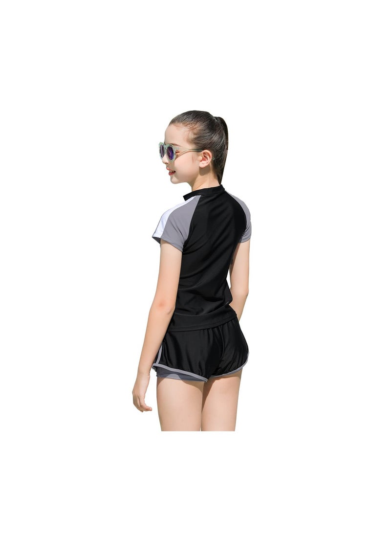 SYOSI Girls Swimsuits, Kids Two-Piece Rashguard Swim Set, Quick Dry Bathing Suits with Beach Shorts, Sizes 160cm Black  - Image 5
